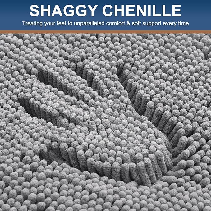 Smiry Luxury Chenille Bathroom Rugs 47x20, Extra Soft and Absorbent Shaggy Bath Mat, Machine Washable, Non-Slip Plush Carpet Runner for Tub, Shower, and Floor, Home Decor Accessories, Grey