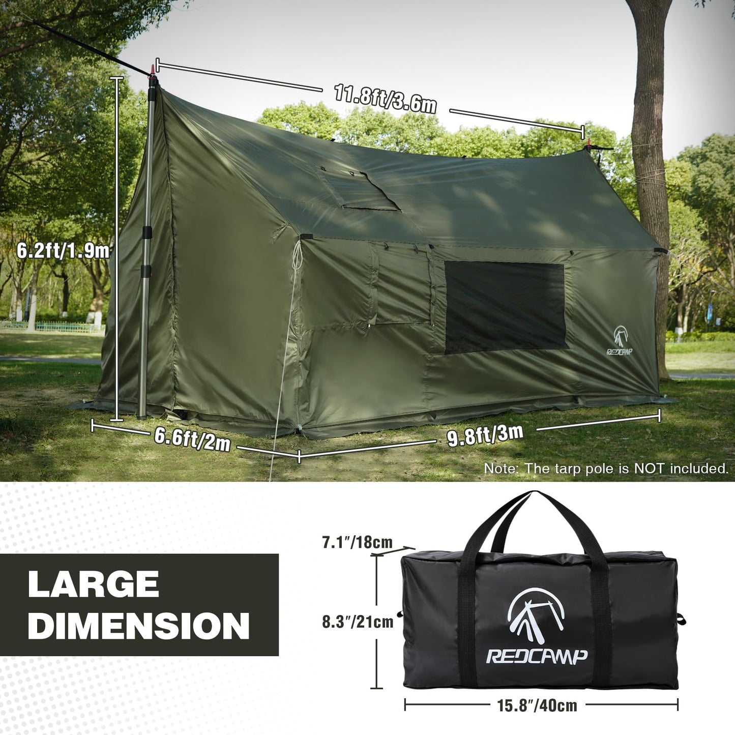 REDCAMP Large Hammock Hot Tent with Stove Jack, Waterproof & Windproof Winter Wall Tent with Snow Skirt, Ultralight 4 Season Tent for Camping, Hiking, Bushcraft, Backpacking