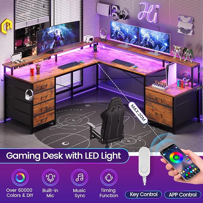 SEDETA L Shaped Desk with 6 Drawer, 108" Home Office Desk with File Drawer & Power Outlet, Corner Computer Desk with Monitor Shelf, Two Person Desk, Gaming Desk with Led Lights, Rustic Brown