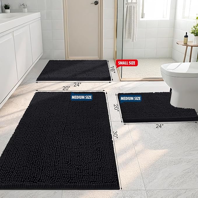 Smiry Luxury Chenille Bathroom Rugs 59x24, Extra Soft and Absorbent Shaggy Bath Mat, Machine Washable, Non-Slip Plush Carpet Runner for Tub, Shower, and Floor, Home Decor Accessories, Black