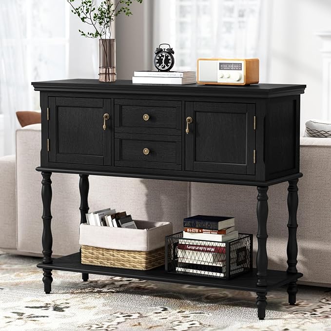 ARTPOWER Console Table with 2 Drawers, Retro Entryway Table with 2 Door Cabinets and Open Storage Shelf, Narrow Long Behind Couch Sofa Table for Living Room, Foyer, Hallway, Black
