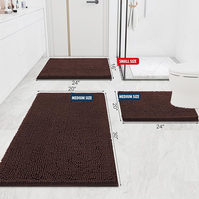 Smiry Luxury Chenille Bathroom Rugs 47x20, Extra Soft and Absorbent Shaggy Bath Mat, Machine Washable, Non-Slip Plush Carpet Runner for Tub, Shower, and Floor, Home Decor Accessories, Brown