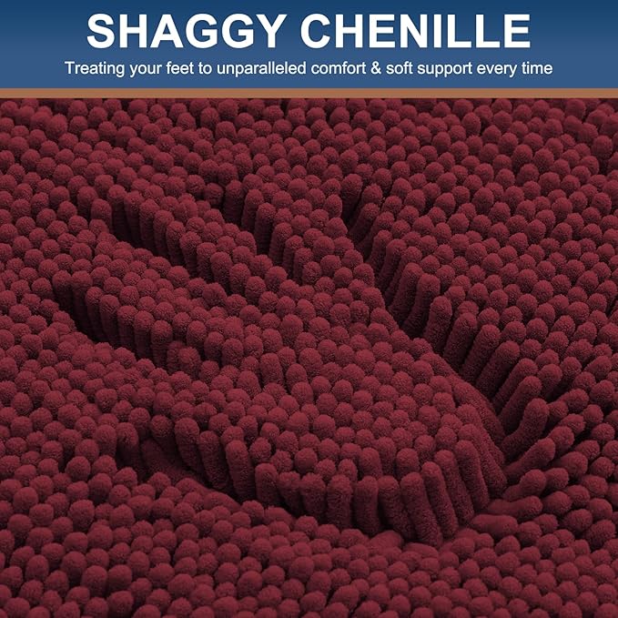 Smiry Luxury Chenille Bathroom Rugs 59x24, Extra Soft and Absorbent Shaggy Bath Mat, Machine Washable, Non-Slip Plush Carpet Runner for Tub, Shower, and Floor, Home Decor Accessories, Burgundy