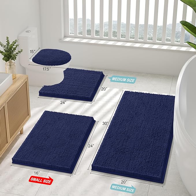 Smiry Luxury Chenille Bathroom Rugs 71x47, Extra Soft and Absorbent Shaggy Bath Mat, Machine Washable, Non-Slip Plush Carpet Runner for Tub, Shower, and Floor, Home Decor Accessories, Navy Blue