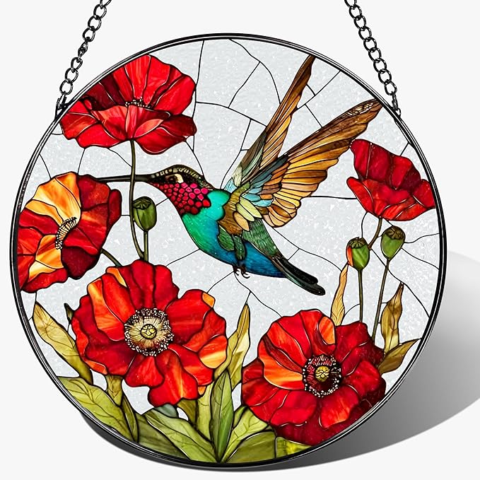 Stained Glass Window Hanging, 8 Inch Hummingbird Stained Glass Suncatcher, Sun Catcher Indoor Window, Hummingbird Decor, Gifts for Mom, Gifts for Grandma, Mothers Day, Christmas, Birthday Gift