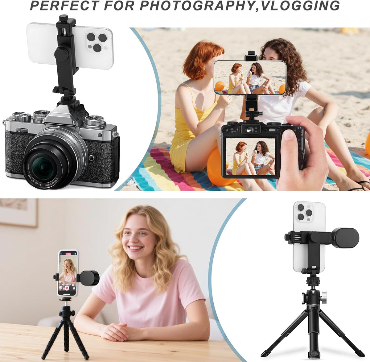 EszkozTA 360 1/4" Universal Cell Phone Tripod Mount Adapter, Camera Hot Shoe Phone Holder Clamp with Rotation Bracket
