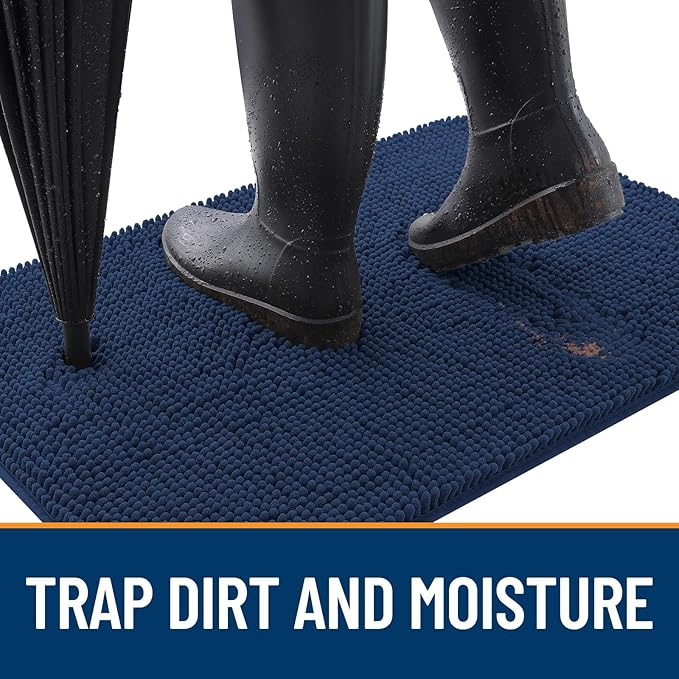 OLANLY Dog Door Mat for Muddy Paws 30x17, Absorbs Moisture and Dirt, Absorbent Non-Slip Washable Doormat, Quick Dry Chenille Mud Mat for Dogs, Entry Indoor Entryway Carpet for Inside Floor, Dark Blue