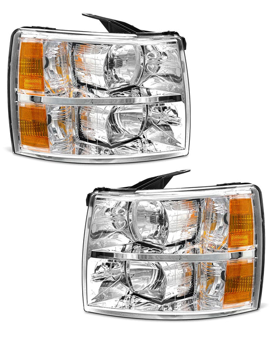 ADCARLIGHTS Headlight Assembly for 07-13 Chevy Silverado 1500/07-14 2500HD 3500HD OE Fit IP65 Waterproof 200% Brighter Halogen Headlamp Left+Right Chrome Clear（W/O Bulbs）