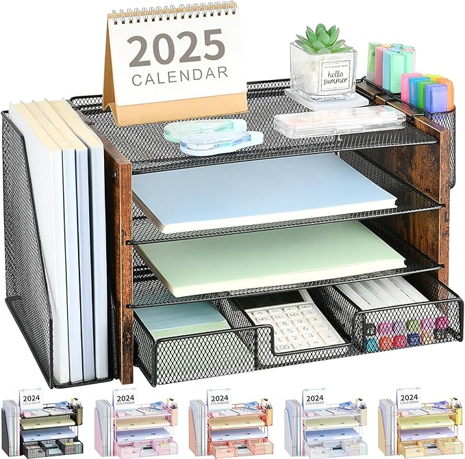 OPNICE Desk Organizer, 4-Tier Desktop File Organizer with Drawer and 2 Pen Holders, Office Desk Accessories, File Sorters, Workspace Organizers for Office Supplies(Brown Wood)
