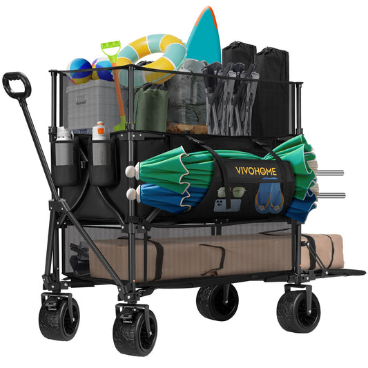 VIVOHOME 500L Large Capacity Double Decker Collapsible Wagon 500lbs Heavy Duty Utility Folding Cart with Big Wheels 53" Extended for Camping, Sports