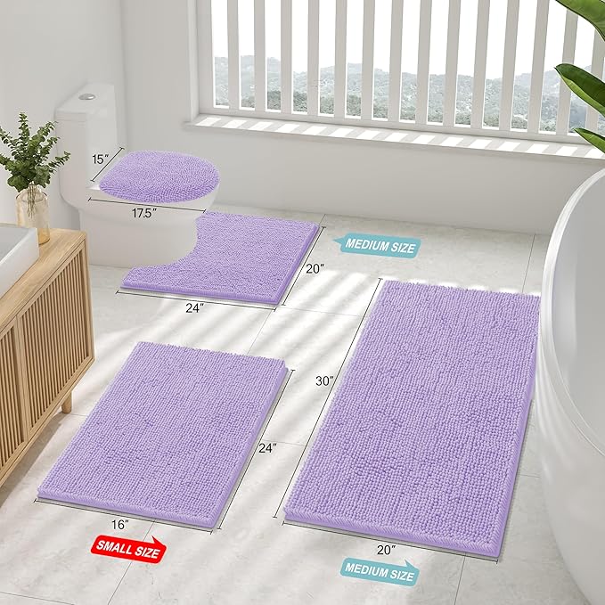 Smiry Luxury Chenille Bathroom Rugs 47x24, Extra Soft and Absorbent Shaggy Bath Mat, Machine Washable, Non-Slip Plush Carpet Runner for Tub, Shower, and Floor, Home Decor Accessories, Purple
