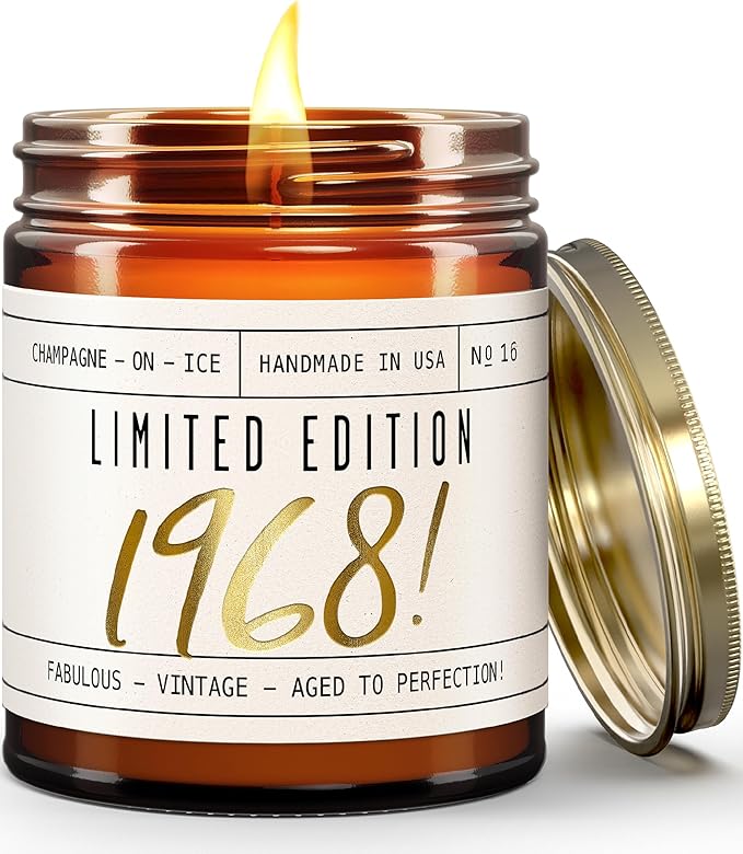 57th Birthday Gifts for Women - 'Limited Edition 1968' Soy Candle, w/Champagne on Ice I 57 Birthday Gifts for Women I 57th Gift for Her Ideas I 9oz Reusable Jar, 50Hr Burn, Made in USA