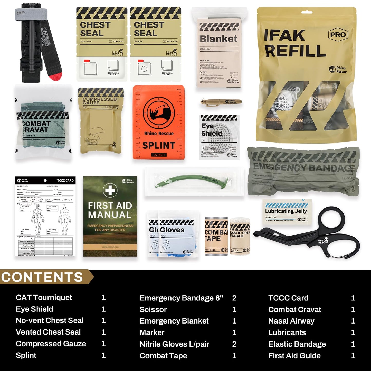 RHINO RESCUE IFAK Refill Kit 17Pcs with CAT Gen-7 Tourniquet, Emergency Tactical First Aid Kit Medical Supplies, IFAK Trauma Kit Combat Pack for Trauma Wound Care, Gunshot, Car & Camping(Brown)