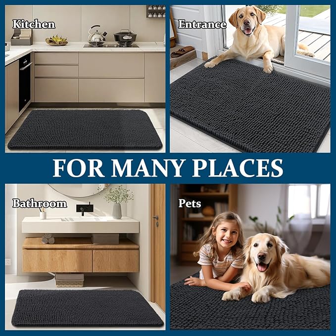 OLANLY Dog Door Mat for Muddy Paws 47x24, Absorbs Moisture and Dirt, Absorbent Non-Slip Washable Doormat, Quick Dry Chenille Mud Mat for Dogs, Entry Indoor Entryway Carpet for Inside Floor, Dark Grey