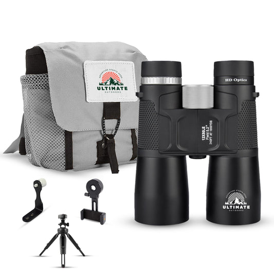 Ultimate Outdoors 12x50 HD Binoculars for Adults – Powerful Waterproof Binoculars with Phone Adapter & Tripod Mount | BaK-4 Prism for Bird Watching, Hunting, Stargazing, Travel & Cruise