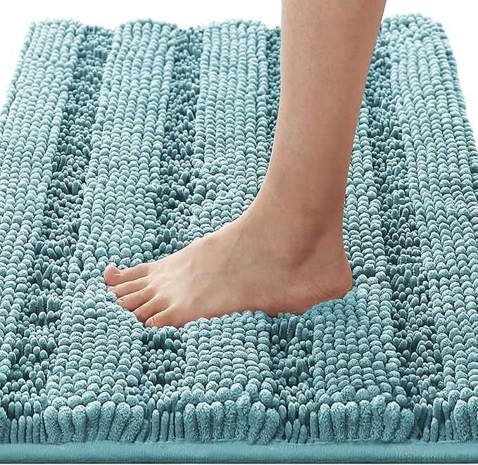 H.VERSAILTEX Bathroom Rugs Bath Rugs for Bathroom Non Slip Bath Mats Extra Thick Chenille Striped Rug 17" x 24" Absorbent Soft Shaggy Washable Dry Fast Bath Mats for Bath Room Floor - Aqua Haze