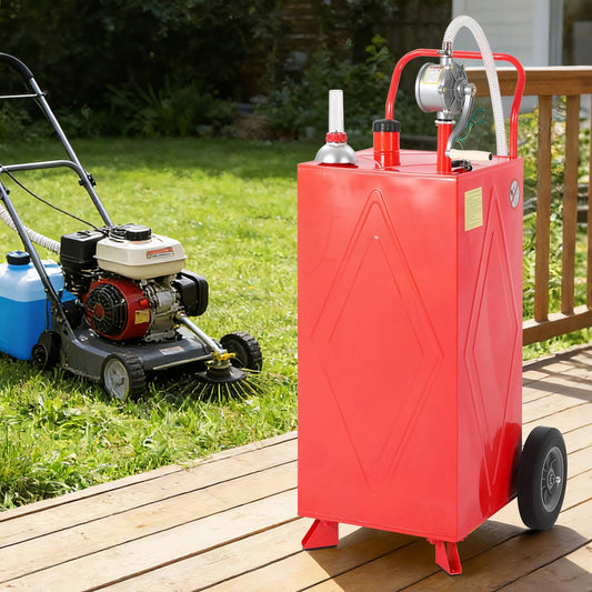 35 Gallon Fuel Gas Caddy Storage Tank, Rolling Portable Gas Caddy Fuel Transfer Tank w/ Wheels, Manual Crank Pump w/ Return Function, Fuel Hose, Vented Cap & Level Gauge, Grounding Clamp—Gasoline/Diesel for ATV, Mower, Tractor, Car, Boat
