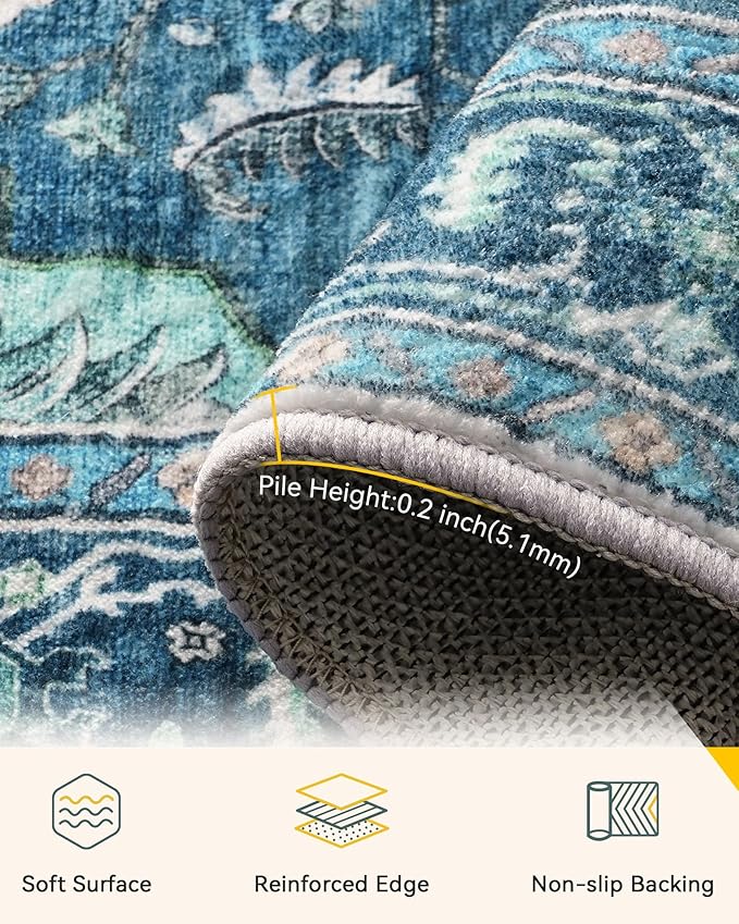 Area Rugs 6'x9' Washable Non-Slip, Floral Vintage Distress Print Pattern Medallion Carpet for Living Room Bedroom Dining Room, Teal Green Lake Blue Turquoise