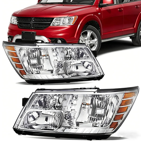 For 2009 2010 2011 2012 2013 2014 2015 2016 2017 2018 2019 2020 Journey Headlight Assembly Compatible with 2009-2018 Dodge Journey Clear Lens Chrome Housing Amber Reflector Headlamp Replacement