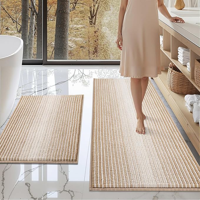 BSICPRO Bathroom Rugs and Mats Sets, 2 Piece Thick Absorbent Chenille Bath Mat Rug Set Non Slip, Soft Shaggy Bath Room Floor Mats for Bathroom, Machine Washable (Beige, 20" x 47" Plus 20" x 32")