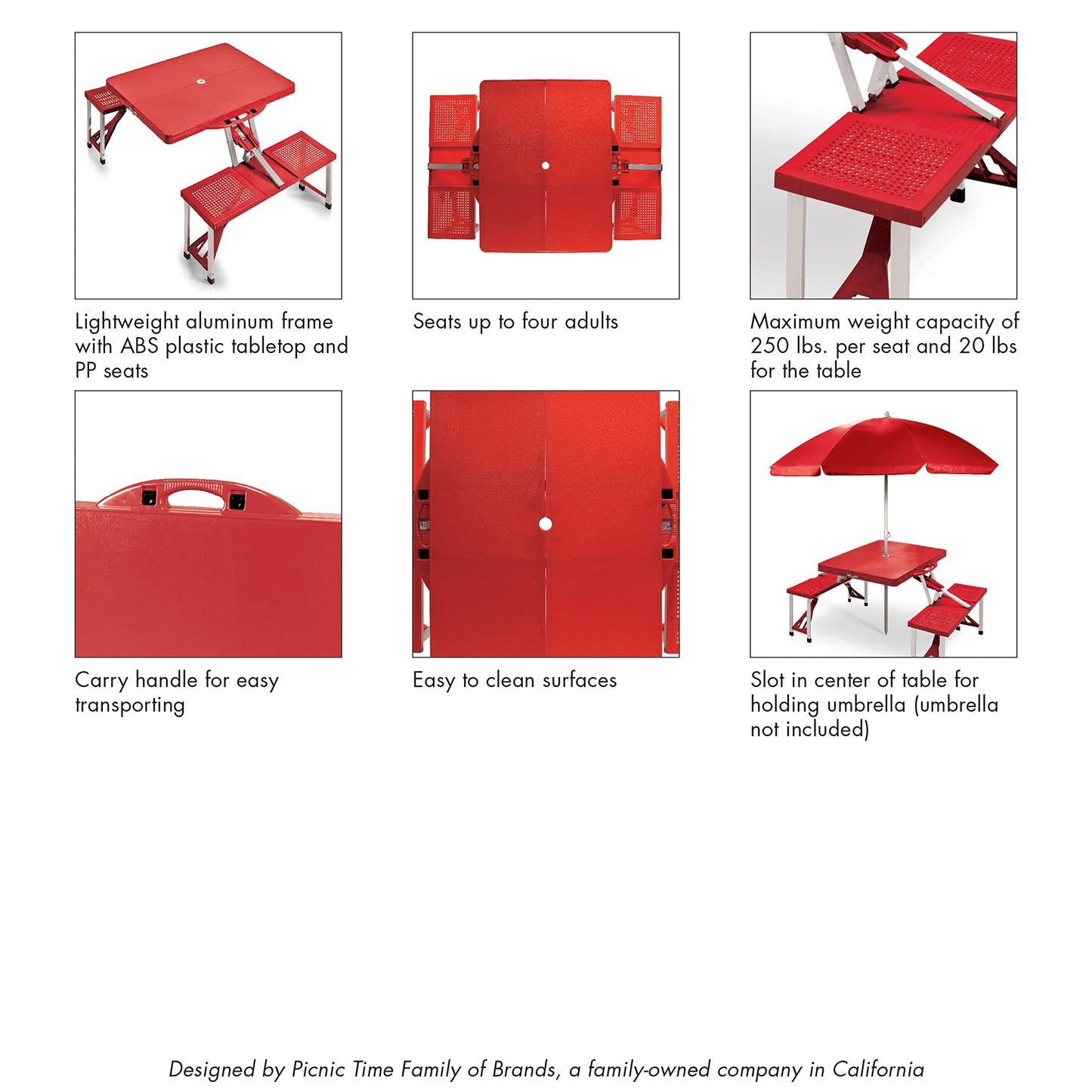 ONIVA - a Picnic Time brand - Folding Picnic Table - Camping Table - Outdoor Table with Umbrella Hole, (Red), 36.2" x 18" x 5.5"