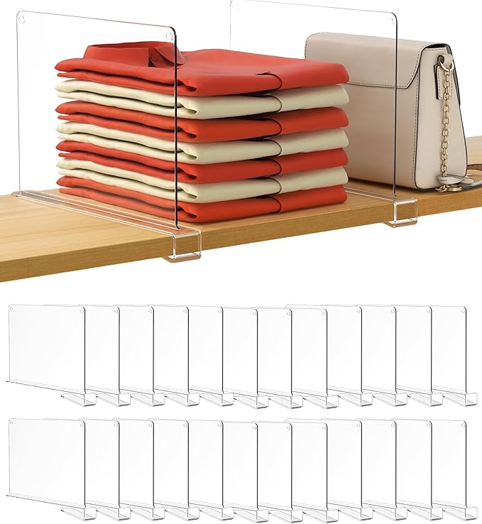 HBlife 24 Pack Clear Shelf Dividers, Vertical Purse Organizer for Closet Perfect for Sweater, Shirts, Handbags in Bedroom and Kitchen, Adjustable Acrylic Bookshelf for Organization