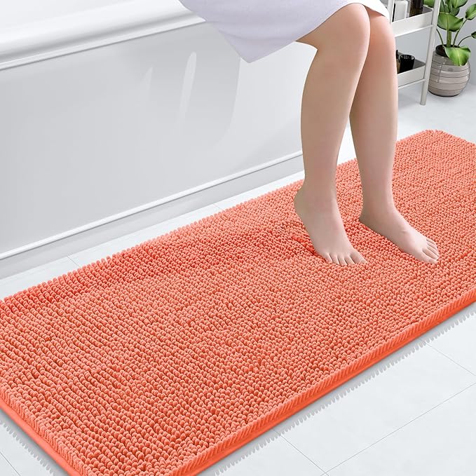 OLANLY Bathroom Rugs 59x24, Extra Soft Absorbent Chenille Bath Rugs, Rubber Backing Quick Dry, Machine Washable Bath Mats for Bathroom Floor, Tub and Shower, Home Decor Accessories, Coral