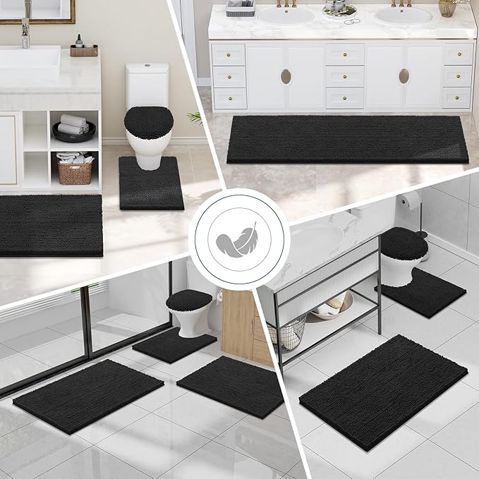 Smiry Luxury Chenille Bathroom Rugs 59x20, Extra Soft and Absorbent Shaggy Bath Mat, Machine Washable, Non-Slip Plush Carpet Runner for Tub, Shower, and Floor, Home Decor Accessories, Black