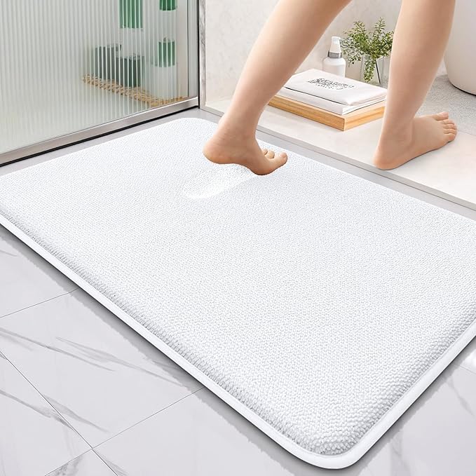 OLANLY Thick Memory Foam Bath Mat Rug 36x24, Extra Soft Absorbent Bathroom Rug, Quick Dry Bath Mats, Non-Slip, Machine Washable Carpet for Bathroom, Tub and Shower, Home Decor Accessories, White