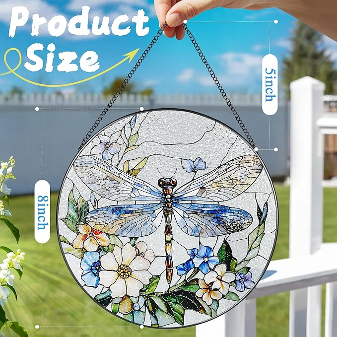 Stained Glass Window Hanging, 8 Inch Dragonfly Stained Glass Suncatcher, Sun Catchers Indoor Window, Dragonfly Decor, Mother's Day, Christmas, Birthday Gift, Gifts for Mom, Sisters, Bestie, and Woman