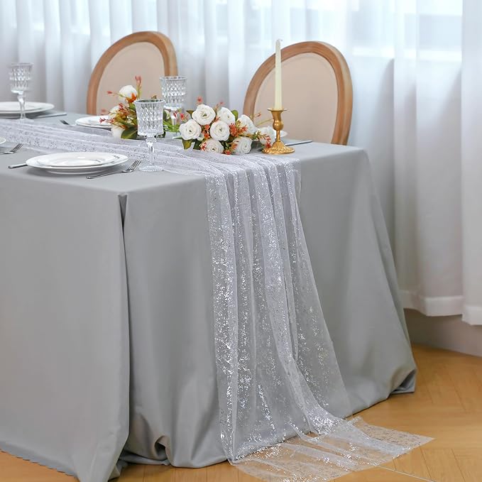 Snowkingdom 6 Pcs 10 FT Silver White Cheesecloth Table Runner Sheer Chiffon Gauze Runner, Sequin Glitter Silver Table Decoration Centerpieces for Wedding Birthday Christmas Bridal Baby Shower