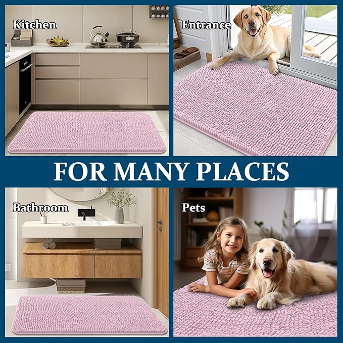 OLANLY Dog Door Mat for Muddy Paws 40x32, Absorbs Moisture and Dirt, Absorbent Non-Slip Washable Doormat, Quick Dry Chenille Mud Mat for Dogs, Entry Indoor Entryway Carpet for Inside Floor, Dusty Rose