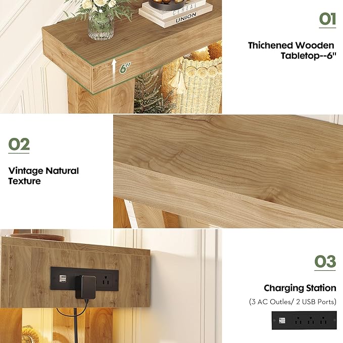 Unikito 63'' Farmhouse Console Table with Power Outlets and Sensor Light, Wooden Entryway Table with Storage, Rectangular Sofa Tables Behind The Couch for Entrance, Hallway, Living Room, Natural Oak