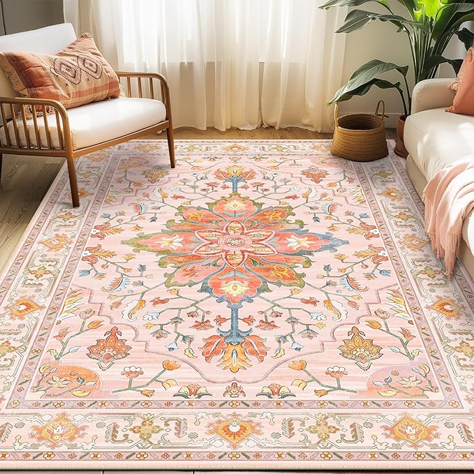 Area Rugs 5'x7' Washable Non-Slip, Floral Vintage Distress Print Pattern Medallion Carpet for Living Room Bedroom Dining Room, Light Pink Colorful