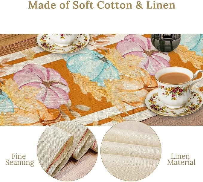 Watercolor Pumpkin Table Runner Rustic Farmhouse Autumn Plants Colorful Leaves Pastoral Harvest Theme Home Decor for Farmhouse Indoor Outdoor Party Holiday Dining Kitchen Restaurant Cafe W13xL36in