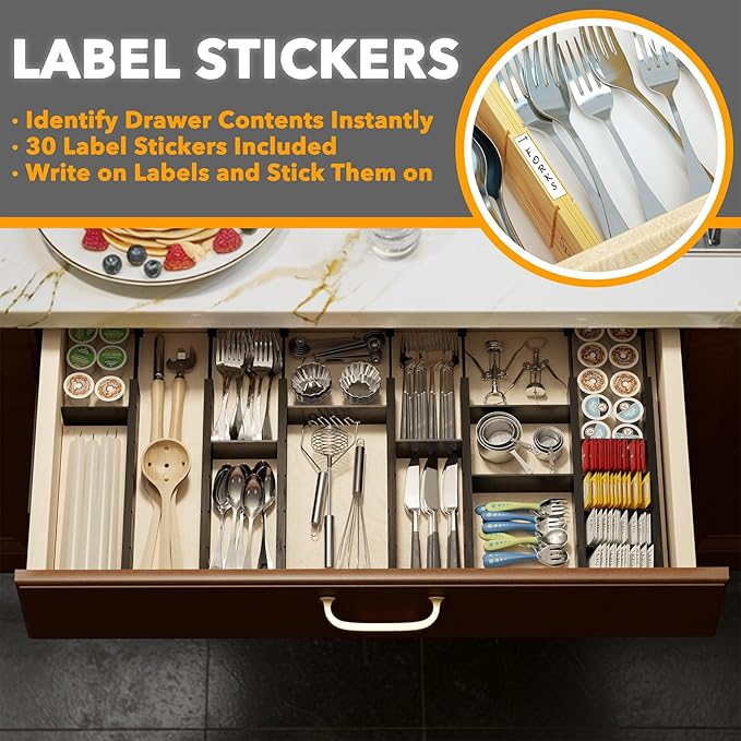 SpaceAid Bamboo Drawer Dividers with Inserts and Labels, Kitchen Adjustable Drawer Organizers, Expandable Organization for Home, Office, Dressers, 7 Dividers with 15 Inserts (17"-22" Black)