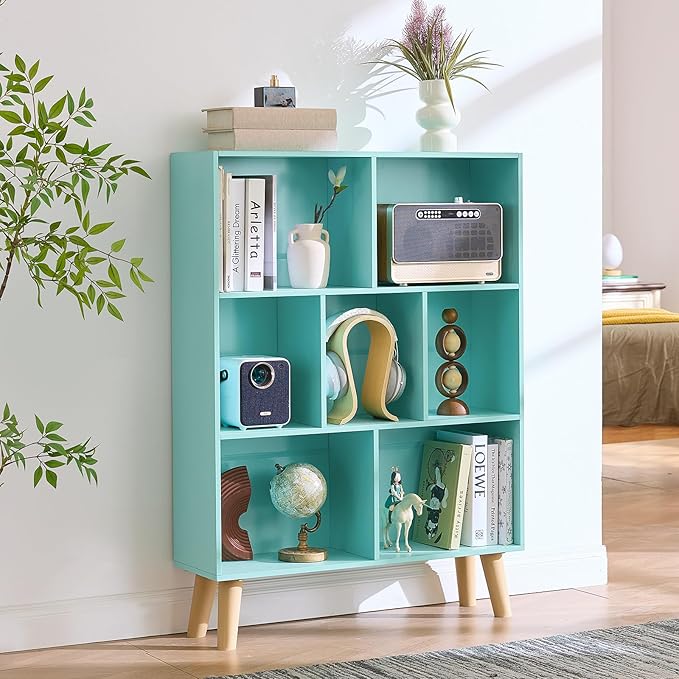 LEYAOYAO 7 Cube Bookshelf 3-Tier Bookcase with Legs, Mint-Green Kids Book Shelf Cute Storage Organizer, Toy Shelves Bookshelves,Wood Display Bookcases