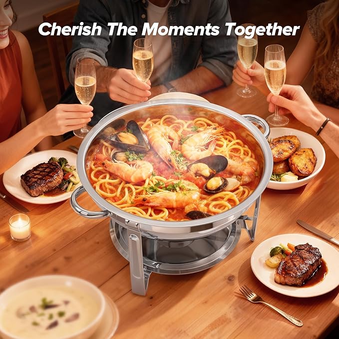Chafing Dishes for Buffet, 4 Pack 5QT Round Stainless Steel Chafing Dish Set with Lid Holder for Home Parties, Christmas Gatherings, Catering Events, Complete Buffet Warmer Set - Silver