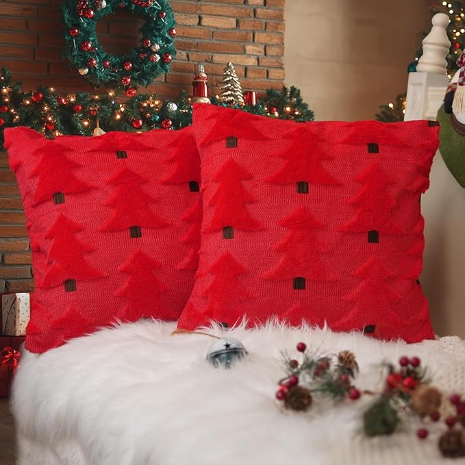 GEEORY Christmas Pillow Covers 16x16 Inch Set of 2, Christmas Decorations Xmas Tree Soft Plush Fluffy Faux Fur Decorative Throw Pillows Farmhouse Winter Cushion Case Red Brown GC035-16