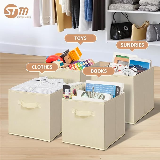 STORAGE MANIAC Storage Cubes, 11 Inch Collapsible Storage Bins with Handles, 10 Pack Fabric Foldable Bins for Organization, Durable Storage Bins for Closet, Shelves, Offices, Toys, 10-Pack Beige