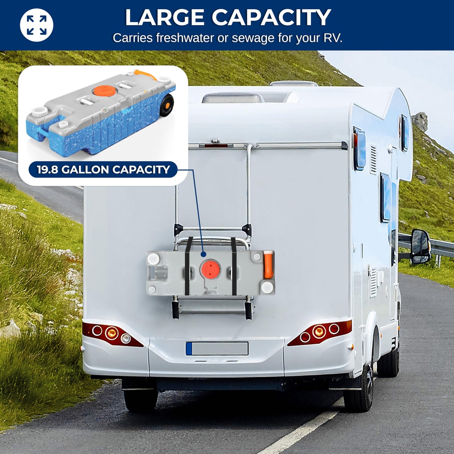 SereneLife 20 Gallon / 75L RV Water Tank – Camper Accessories Portable Container with Level Indicator, Rotating Spout, Metal Handle & Heavy-Duty Wheels, Suitable for Freshwater or Sewage Storage