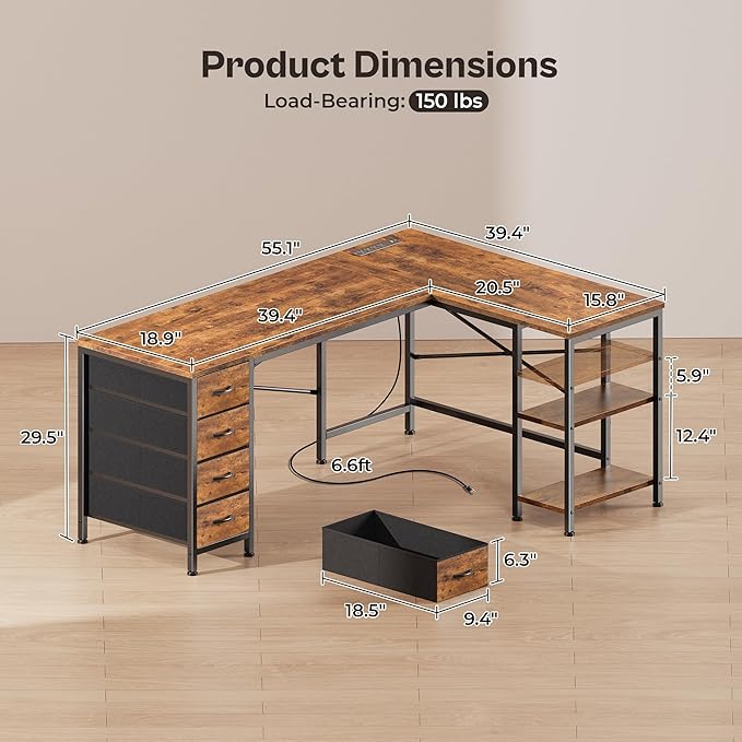 Huuger 55 Inch L Shaped Desk with Fabric Drawers, Reversible Computer Gaming Desk with Power Outlets and USB-C Port, Adjustable Side Storage Shelves, for Work Study Corner Home Office, Rustic Brown