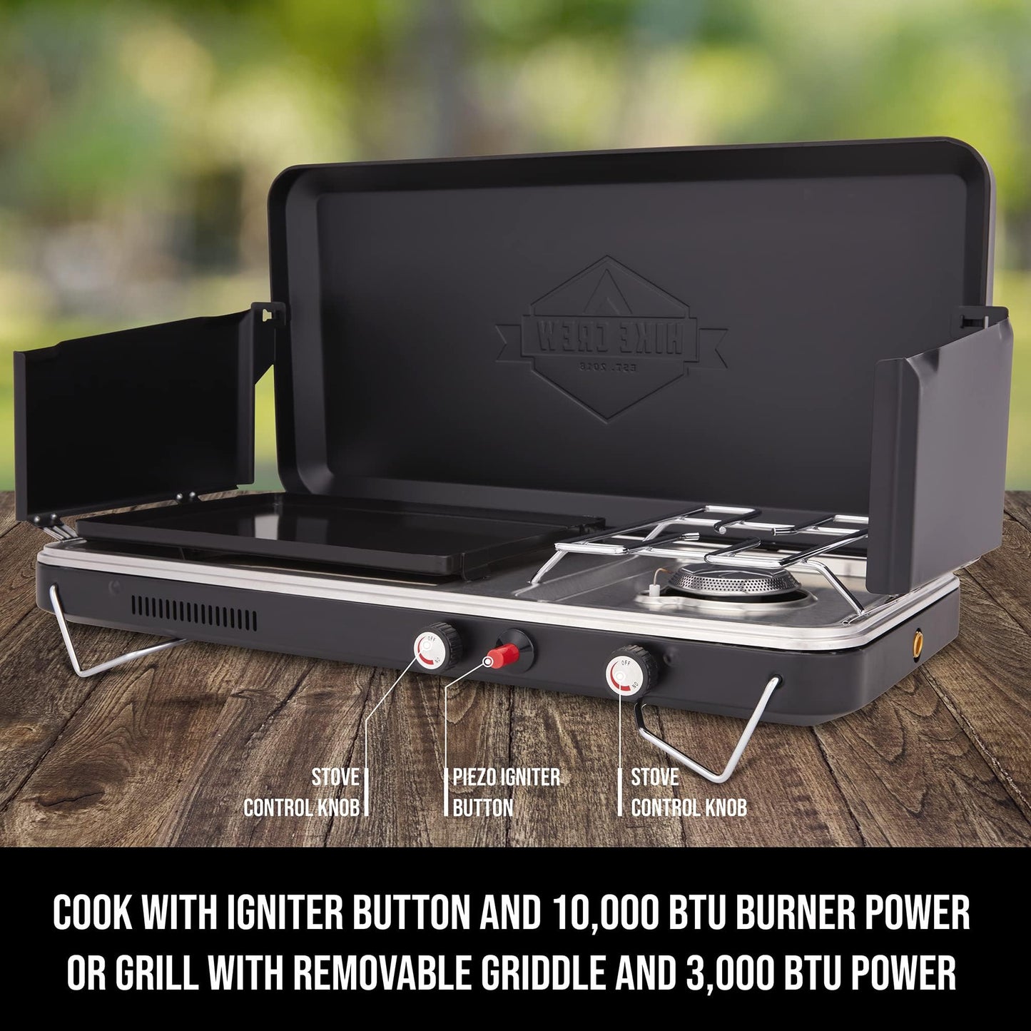Hike Crew 2-in-1 Gas Camping Stove and Griddle, Portable Propane Burner w/Integrated Igniter & Stainless Drip Tray | Built-in Carrying Handle, Foldable Legs & Wind Panels | Includes Regulator