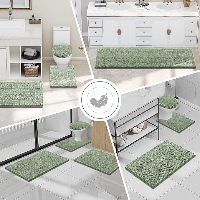 Smiry Luxury Chenille Bathroom Rugs 59x24, Extra Soft and Absorbent Shaggy Bath Mat, Machine Washable, Non-Slip Plush Carpet Runner for Tub, Shower, and Floor, Home Decor Accessories, Sage Green