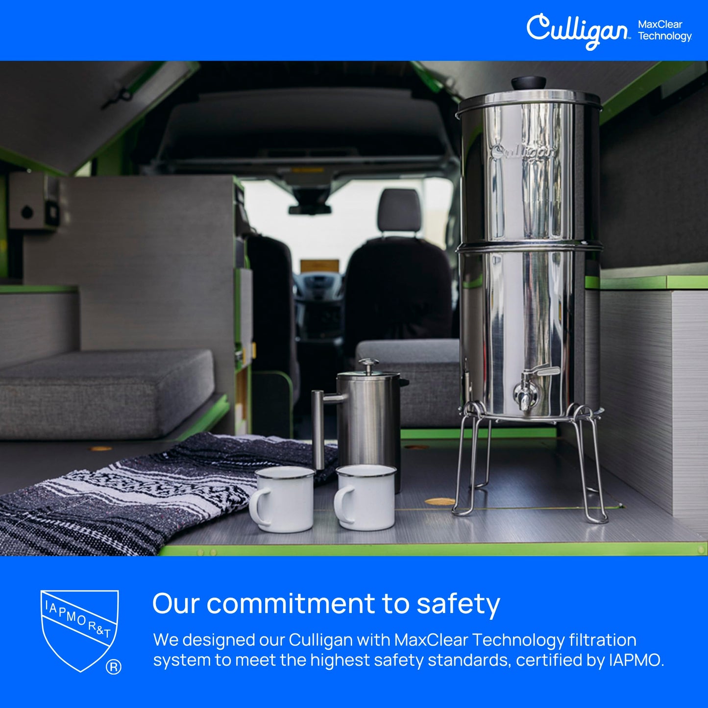 Culligan MaxClear 2.25 Gallon Gravity Water Filter System, Polished Stainless-Steel Countertop Water Filter NSF/ANSI Certified to Reduce Microplastics, Lead & Total PFAS, with 2 Ceramic Filter