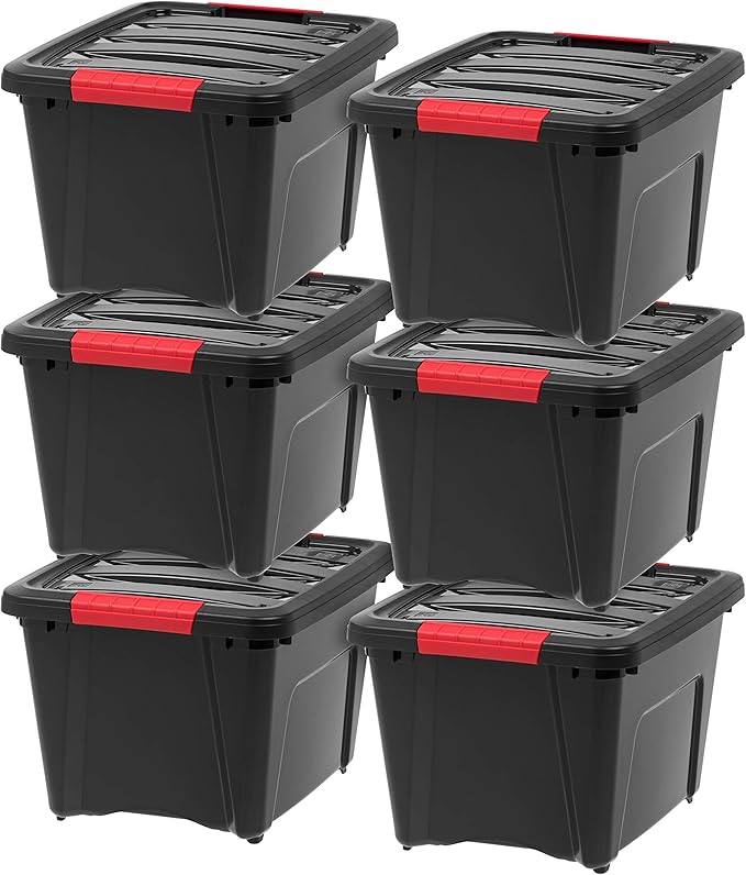 IRIS USA 19 QT Plastic Storage Box with Lid and Latches - 6 Pack - BPA-Free, Garage Organizing Solution, Durable Nestable Stackable Containers, Secure Pull Handle - Black