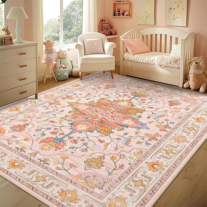 Area Rugs 5'x7' Washable Non-Slip, Floral Vintage Distress Print Pattern Medallion Carpet for Living Room Bedroom Dining Room, Light Pink Colorful