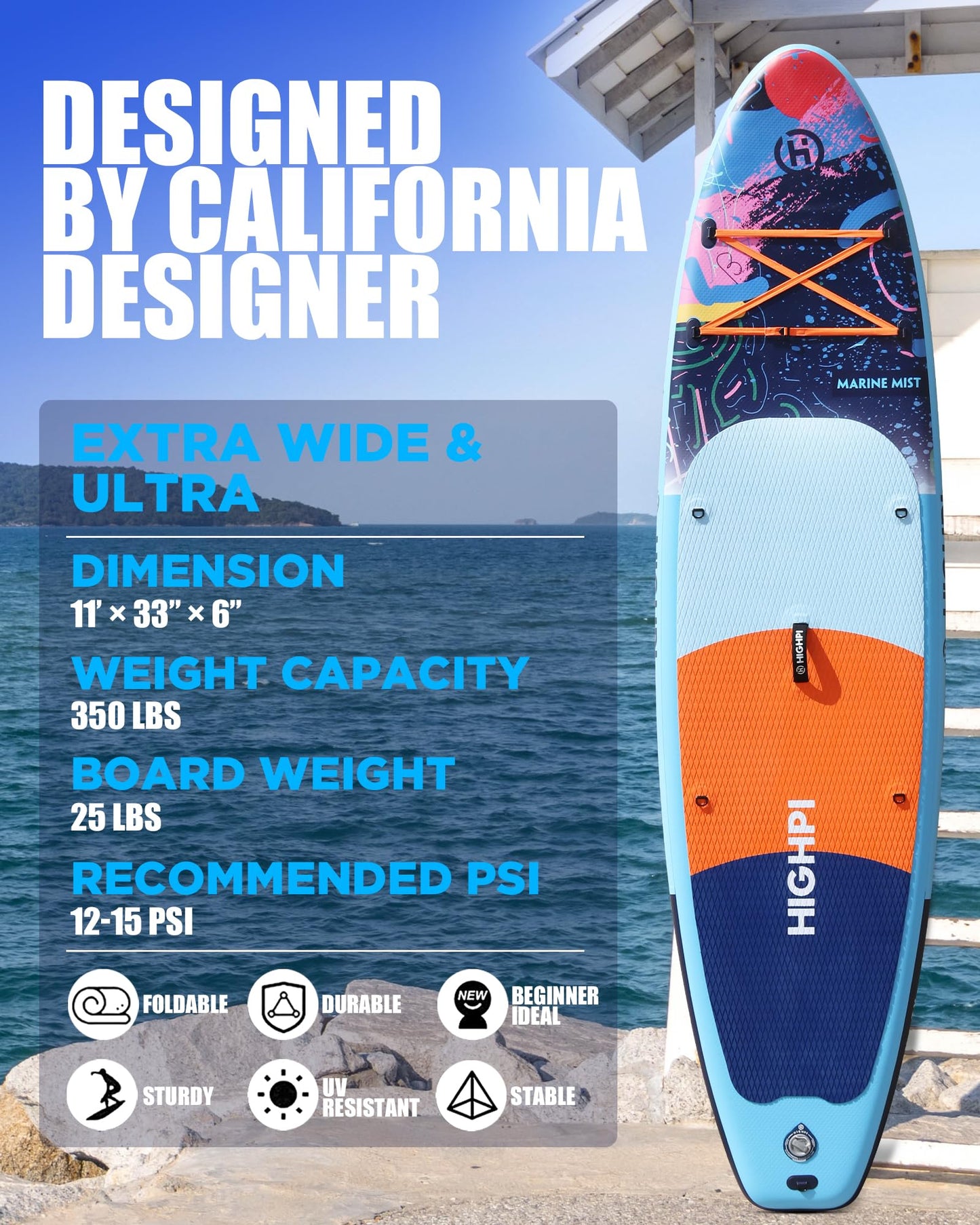 Highpi 11ft Inflatable Stand Up Paddle Board for Youth and Adults – Wide Sup with Premium Accessories, Blow Up Paddleboard for Surfing, Fishing, Yoga & More