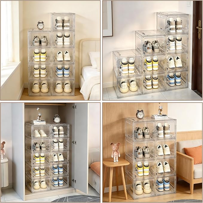 Acrylic Shoe Storage Boxes with Magnetic Door - 360° Clear Stackable Shoe Display Box Set, Plastic Shoe Cabinet Rack Box for Sneakers Heels Shoes (12, Clear, L - Front Open)