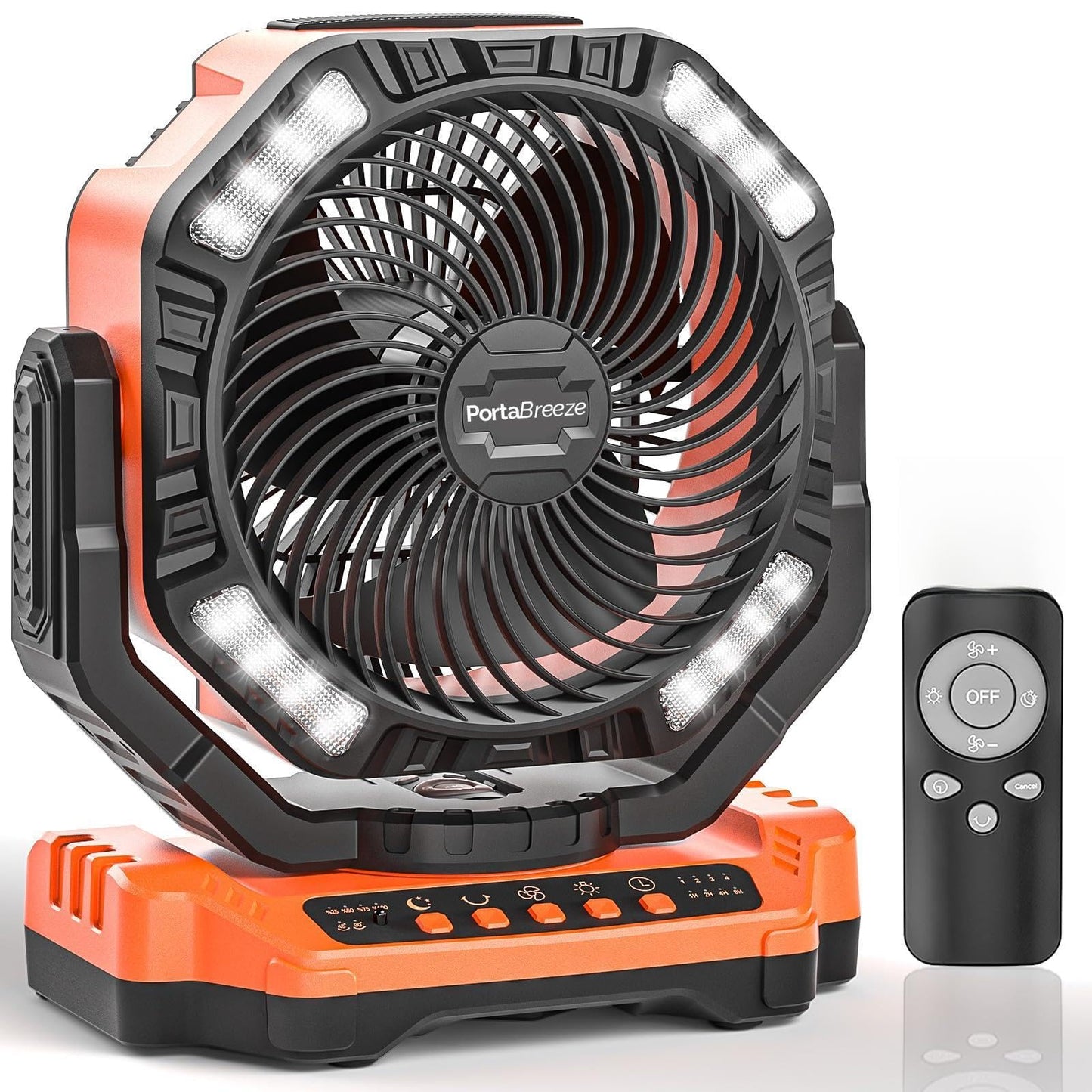 Porta Breeze 40000mAh Rechargeable Camping Fan w Light, Portable Battery Operated High Velocity Floor Table Fan; Oscillating w Timer, Remote for Outdoors, RV, Jobsite, Dorm, Patio, Weather Emergencies